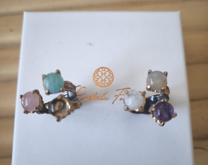 Burnished silver and natural stone rings