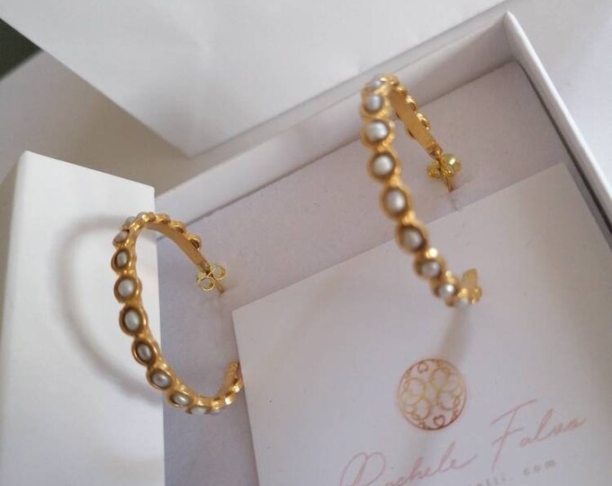 Etruscan gold earrings galvanized on bronze semi/circle shape for lobe and natural stones