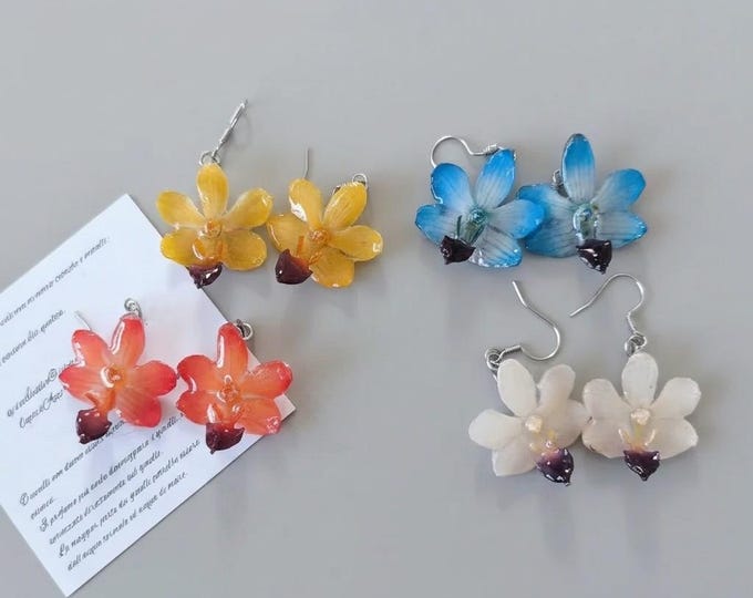 Orecchini Orchidea Piccoli, Pendenti Fiori Veri in Resina, Gioielli Botanici Argento Nichel Free, Bianco Giallo Azzurro, Regalo Donna Natura