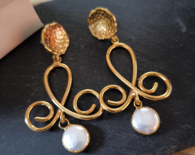 Gold Plated Bronze Earrings with Natural White Pearls - Modern Dangle Jewelry