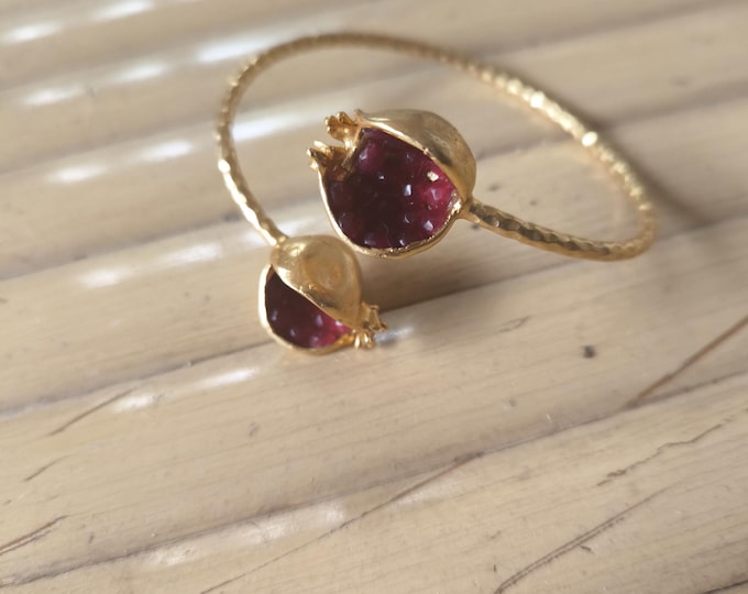 Adjustable gold-on-bronze pomegranate bracelet with red pomegranates