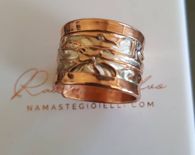 Handcrafted band ring in copper and pearl white enamel.