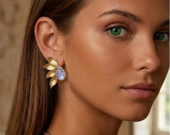 Gold leaf earrings on bronze and natural faceted opals