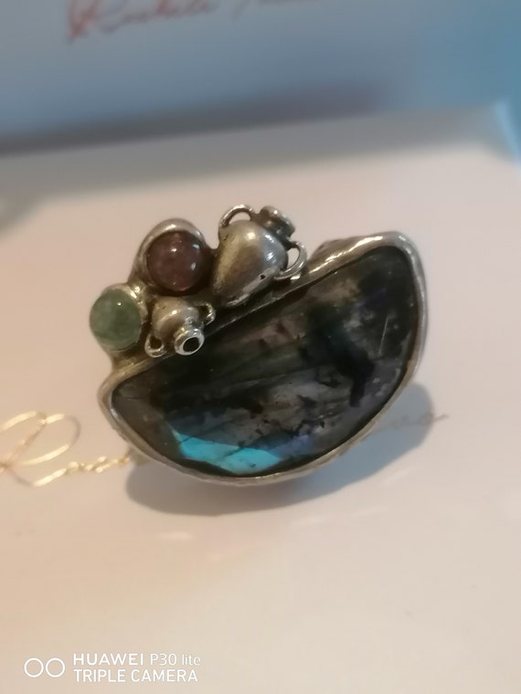 Antique amphorae solid silver ring with blue labradorite and tourmalines