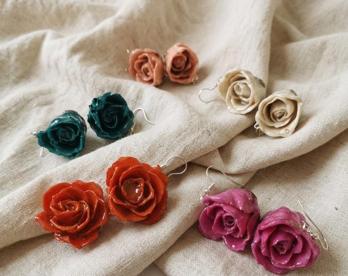 Orecchini Boccioli di Rose Vere e Resina, Gioielli Botanici Fiori Veri Pendenti Argento, Orecchini Rosa 3D Regalo Donna Eleganti Unici