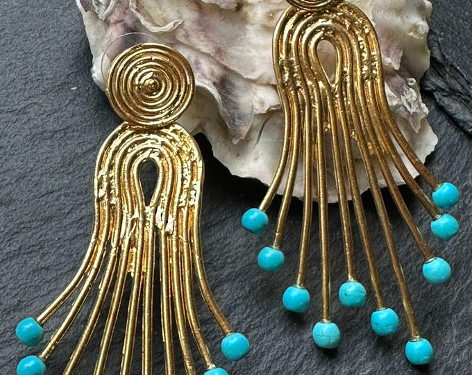 Gold earrings, natural turquoise, antique style