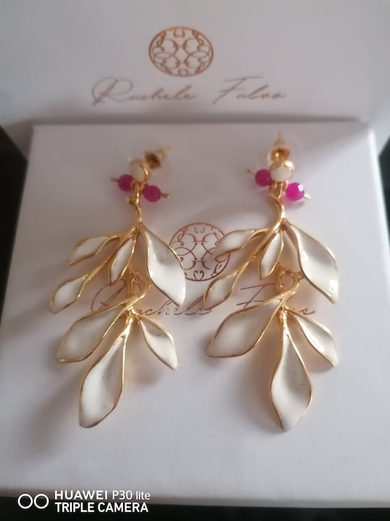 Gold leaf earrings on bronze and finished with hot enamels by goldsmiths
