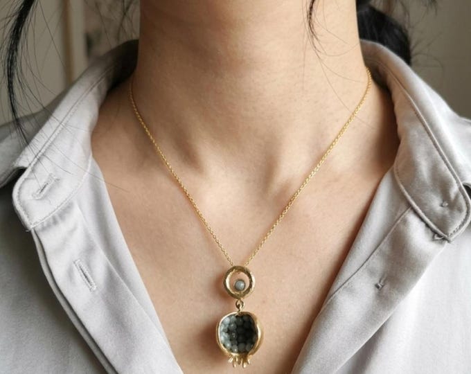 Open pomegranate pendant necklace with natural light gray olivine. - Handmade gift - Traditional jewelry -