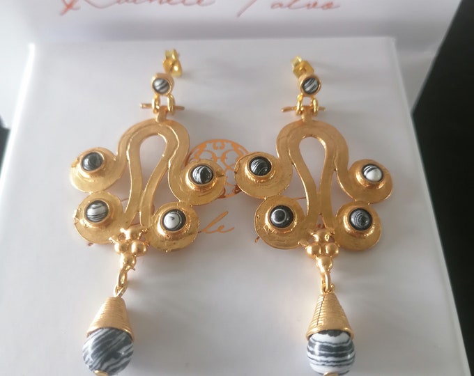 Gold earrings, natural marble stones, antique style