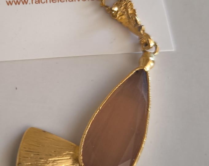 Antique Byzantine style pendant crafted in gold plated with dove-grey cat's eye quartzite, precious antique style gift