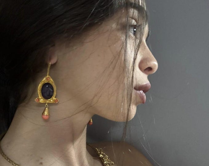 Etruscan Inspired Gold Bronze Earrings with Amethyst and Pink Coral - Antique Style Handcrafted Jewelry