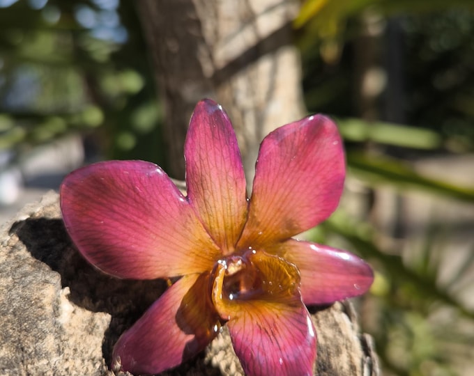 Purple/green orchid necklace with adjustable gold-on-bronze slider