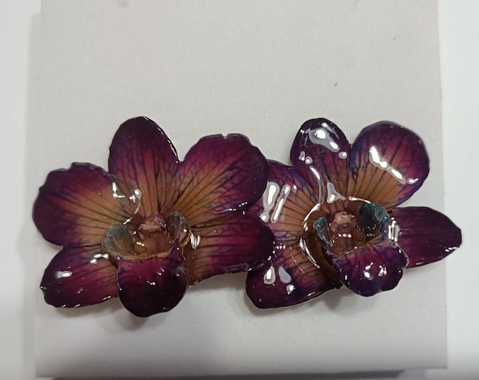 Orecchini fatti a mano in resina di orchidea viola/turchese con ganci in argento , Senza nichel