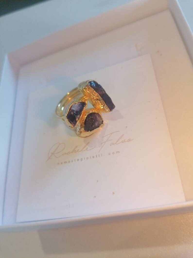 galvanized on bronze and natural geodi amethysts Adjustable ring in gold