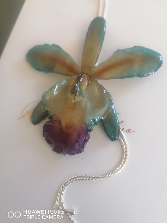 Spectacular natural orchid incorporated in resin and finished with silver latches adjustable as desired