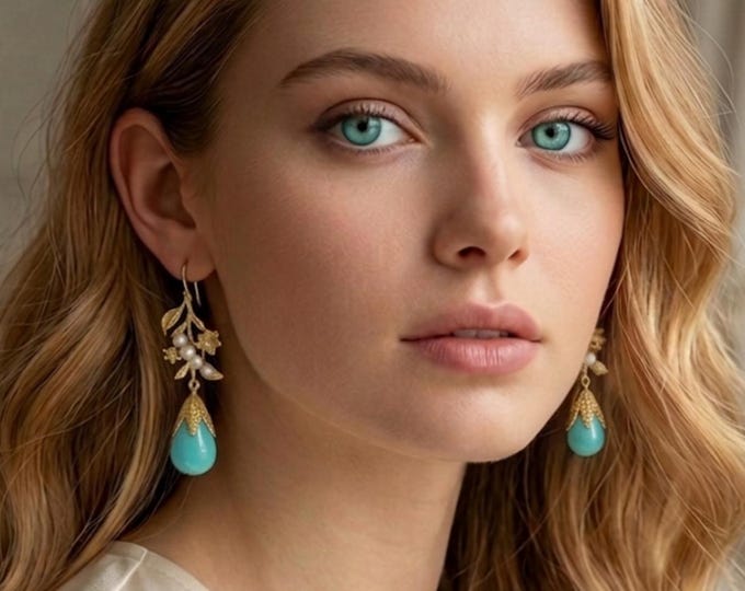 Gold on bronze earrings finished with natural turquoise and pearls