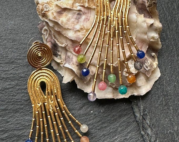 Matte gold-plated bronze earrings with a mix of colored gemstones - Handcrafted jewelry for women