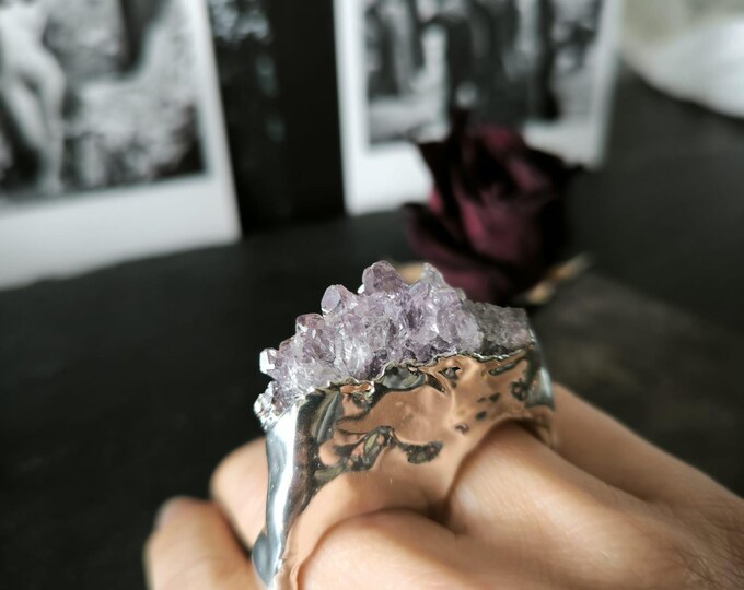Anello Ametista a due dita in argento e resina artistica