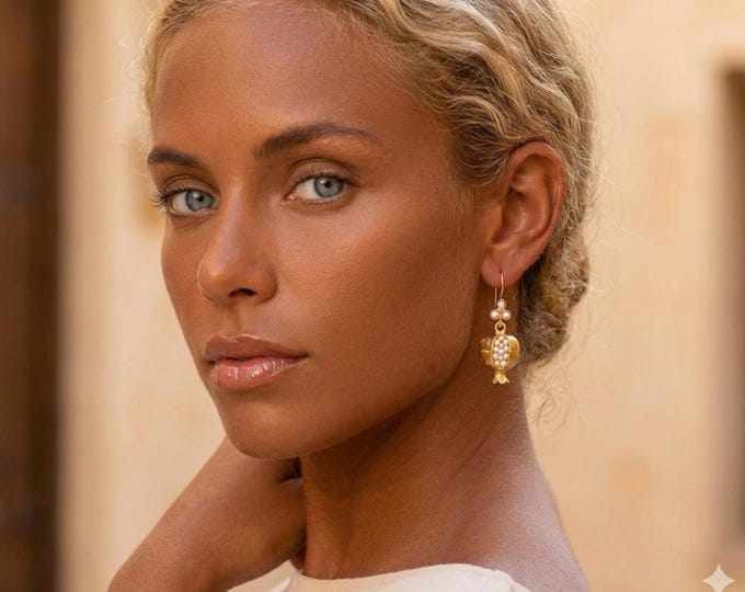 Pair of Pomegranate earrings in Etruscan gold and white pearls - gift for her - lucky charm -