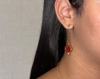 Small pomegranate design drop earrings in gold plating with natural red garnets - a gift for her - handmade - Byzantine style