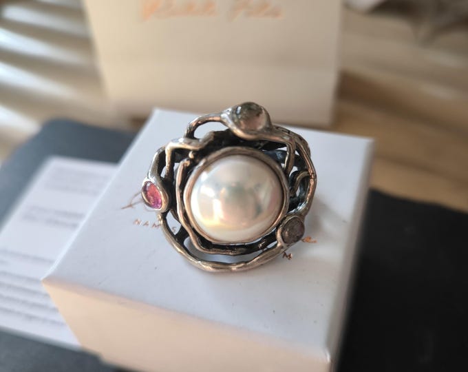 Silver ring with central pearl and natural tourmalines - Organic braided design