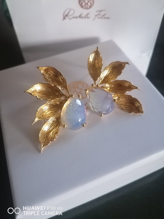 Gold leaf earrings on bronze and natural faceted opals