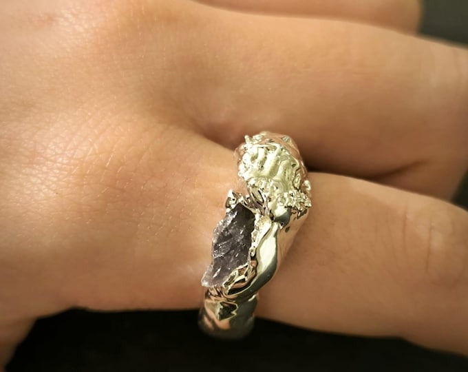 Sculptural silver and artistic resin ring - minimal, handmade