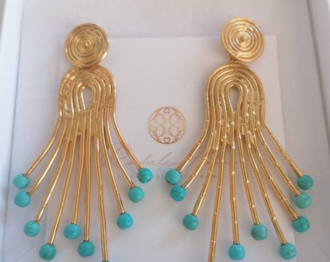 Gold earrings, natural turquoise, antique style