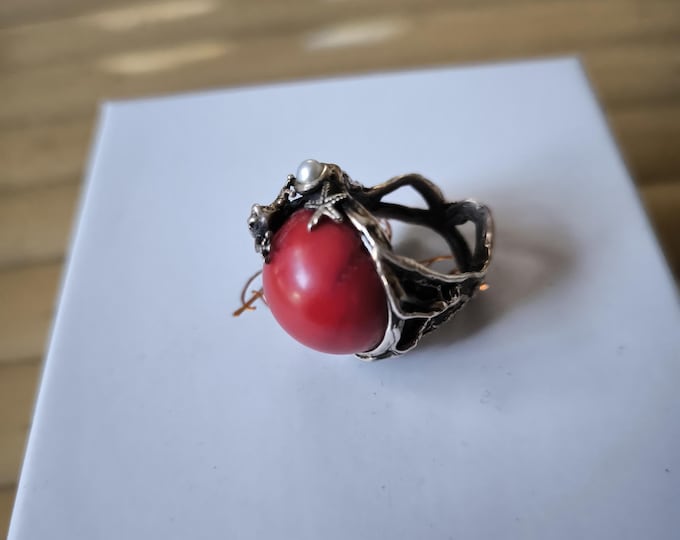 Red coral silver ring