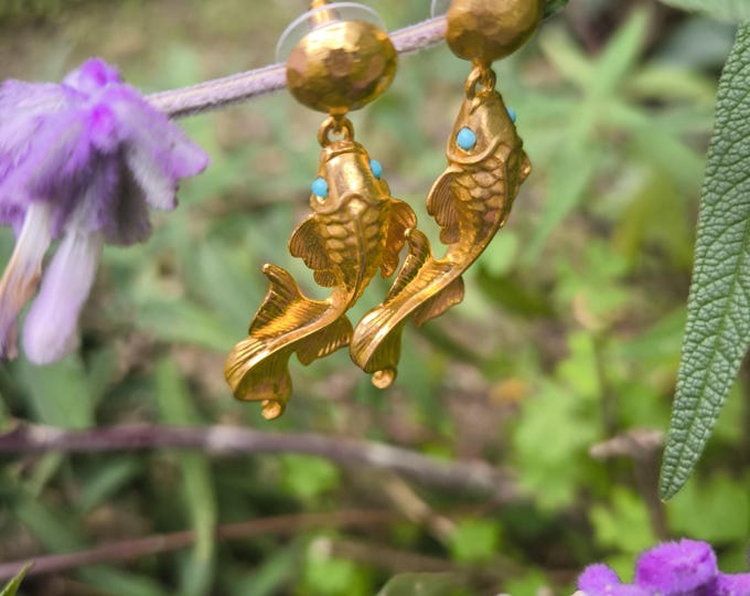 Koi carp earrings in galvanic gold and natural turquoise