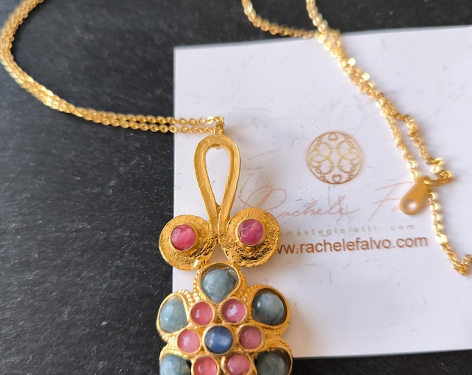 Byzantine pendant in gold on bronze and finished with pink tourmalines and blue topazes