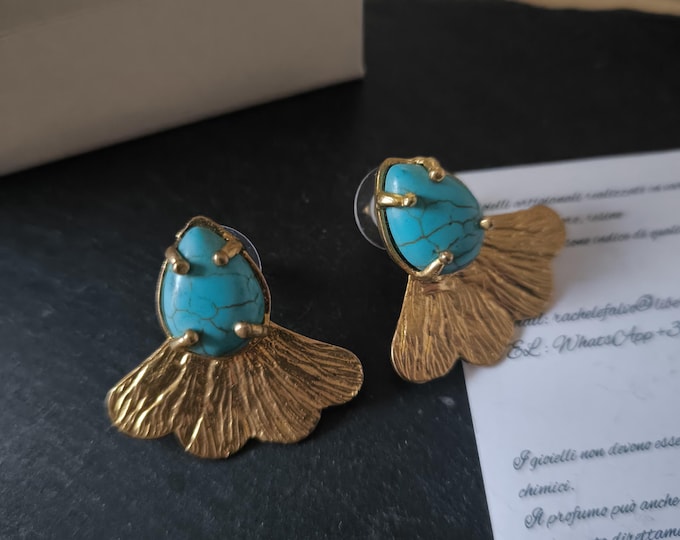 Antique Etruscan style earrings in gold on bronze finished with natural drop-cut turquoises. Small lobe model