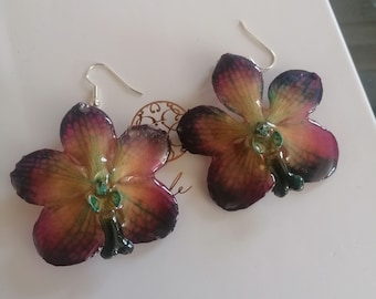 Pendientes elaborados con orquídeas naturales incorporadas en resina y ganchos de plata.