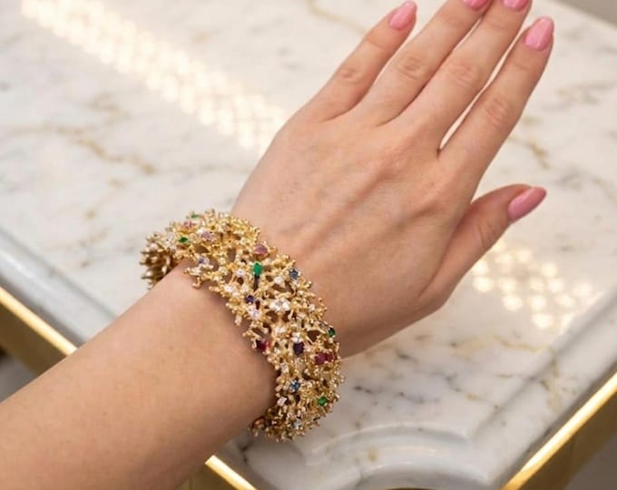 Adjustable gold-plated bronze band bracelet - mixed color topazes, coral-style design, handmade -