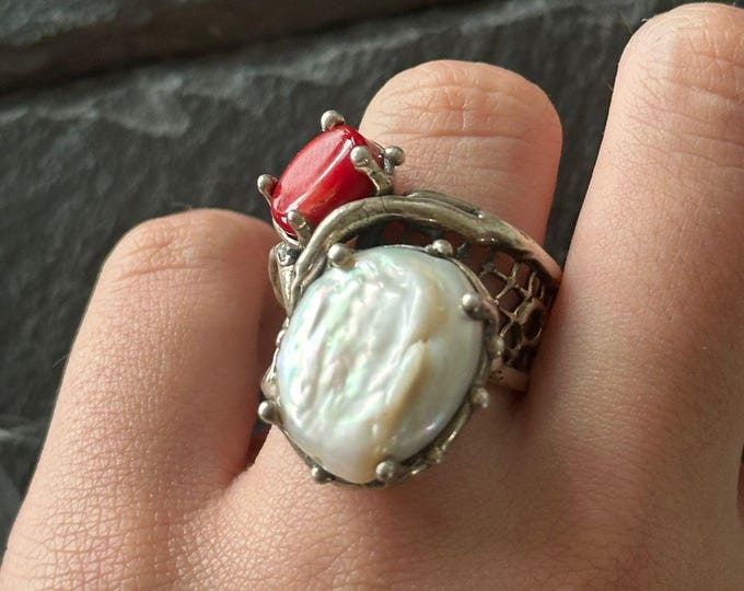 solid silver ring with natural baroque pearl and red coral