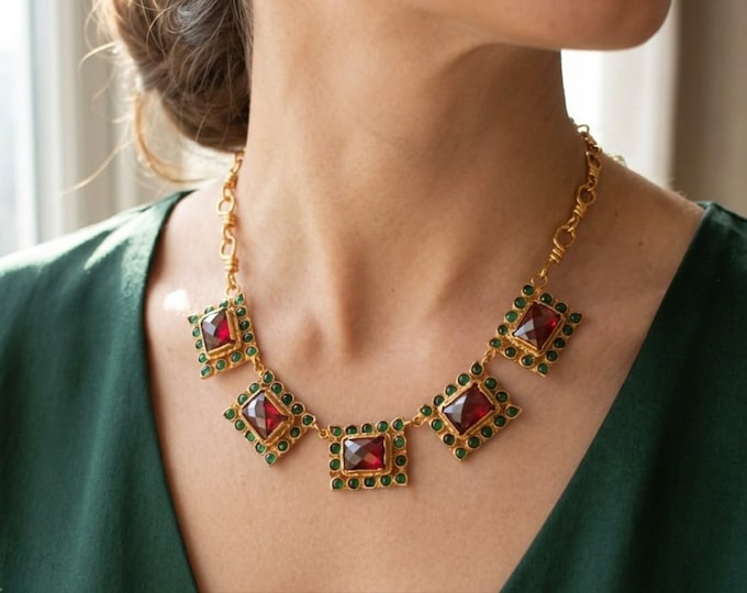 Collana Girocollo oro opaco su bronzo Giade Verdi e Quarzo Rosso Arancio, Statement Elegante Regalo Lusso Donna Rachele Falvo Gioielli