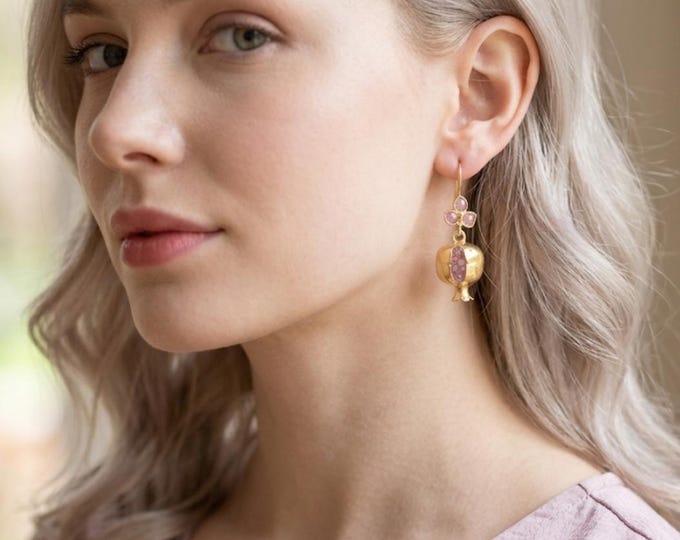 Pomegranate earrings with gold and amethyst stones. Handmade jewelry - lucky fruit.