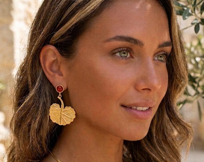 Matte gold leaf earrings on bronze and finished with natural carnelians