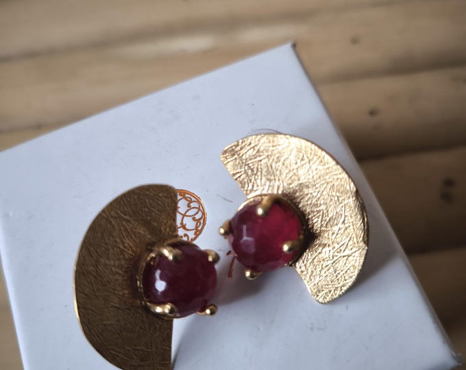 Small satin gold on bronze ear studs with red jaspers