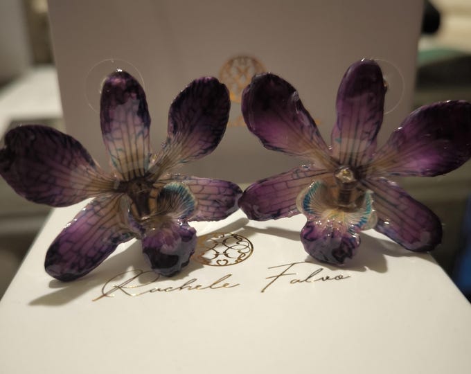 Orecchini fatti a mano in resina di orchidea viola/turchese con ganci in argento , Senza nichel