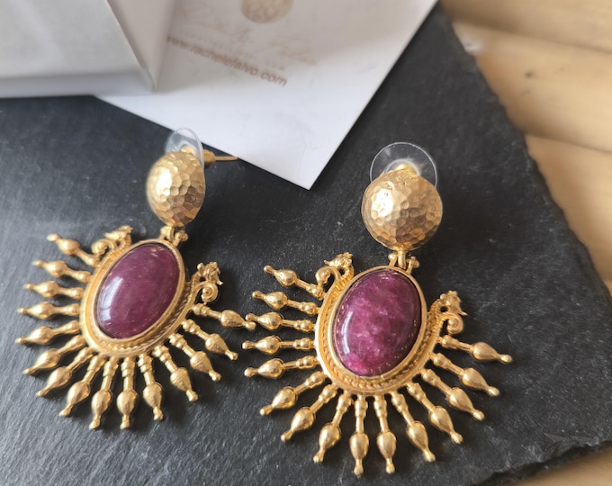 Etruscan style gold earrings in galvanic bronze and finished with natural Imperial red jaspers, silver hooks.