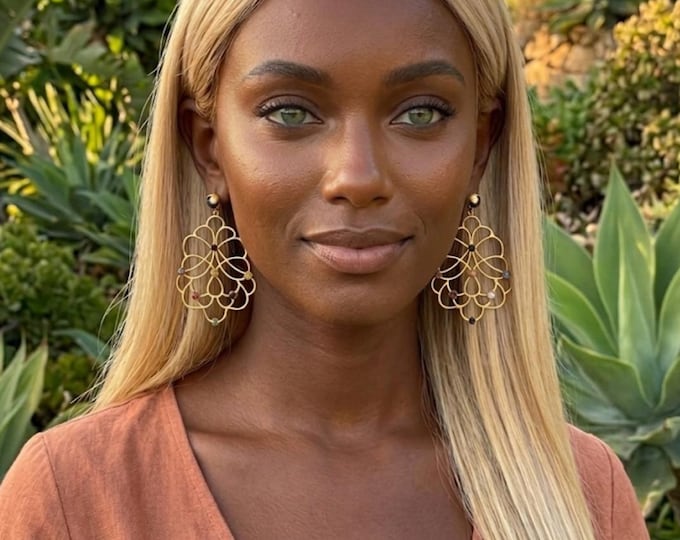 Gold Plated Stud Earrings with Natural Multicolored Jade, Handcrafted Jewelry of Etruscan Byzantine Inspiration