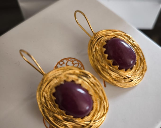 Gold earrings, natural red jasper cabochon-cut stones, ancient art