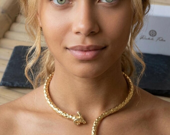 Etruscan ram's head necklace in galvanized gold and gold pearls - handmade gift - mythological necklace - gift for her