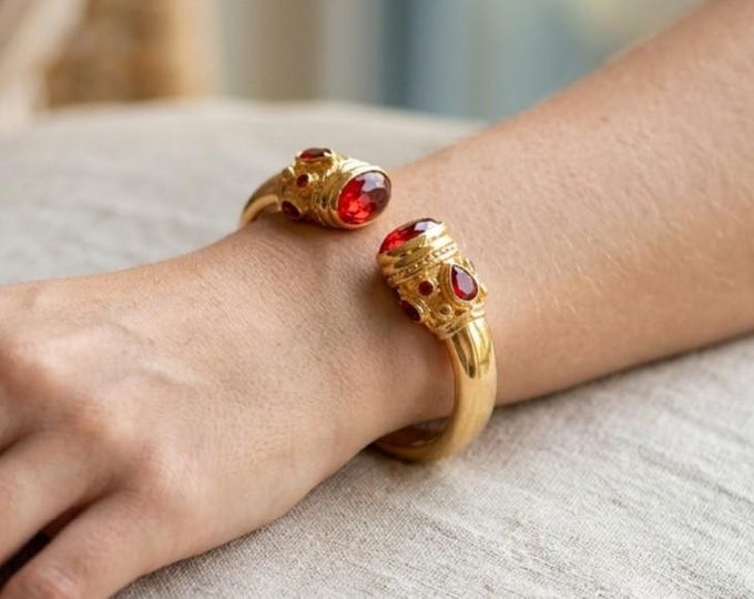Bracciale Bizantino Etrusco Oro su bronzo con Topazi mora e Diaspro Rosso, Bracciale a Molla Stile Antico Bangle, Gioielli Artigianali Donna