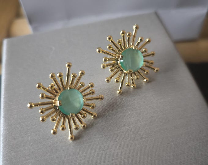 Byzantine-style earrings in gold plating and natural sea green quartzite, handmade gift