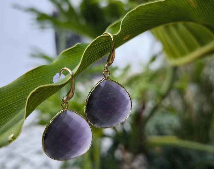 Gold-plated steel and cat's eye stone drop earrings