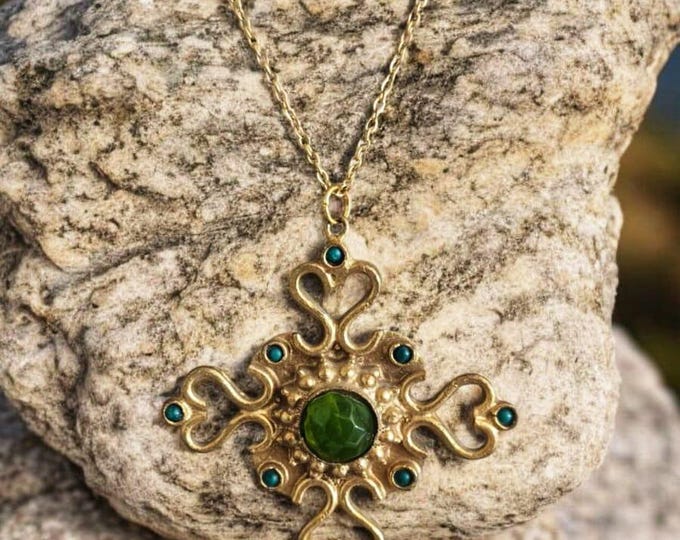 Necklace with Christian Cross in Gold on Bronze is finished with Natural Green Peridot Pearl and Turquoises