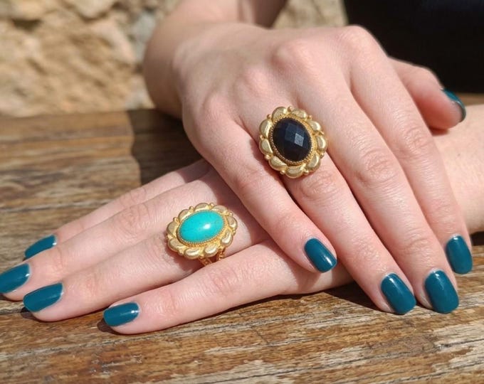 Anello Regolabile Oro su Bronzo Onice Nero Sfaccettato o Azzurrite , Scultoreo Solitario Regalo Lusso Donna Rachele Falvo Gioielli d'Arte