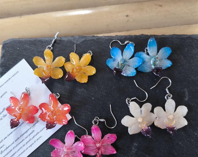 Small resin orchid earrings with nickel-free silver hooks